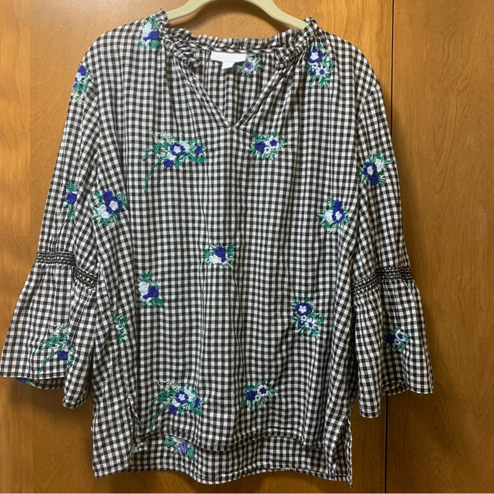 Charter club plaid embroidered top blouse SZ L